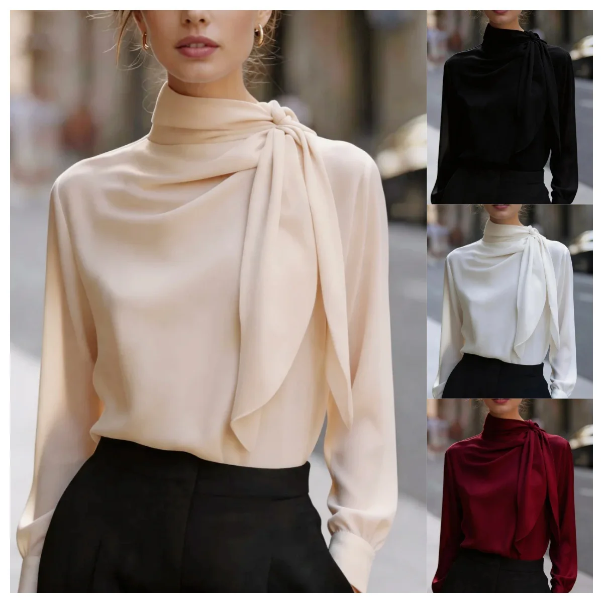 Elegant Long Sleeve Stand Collar Women's Shirt Luxury Style Belted Waist Sved Commuting Clothing Satin Fabric A-Line Sleeves