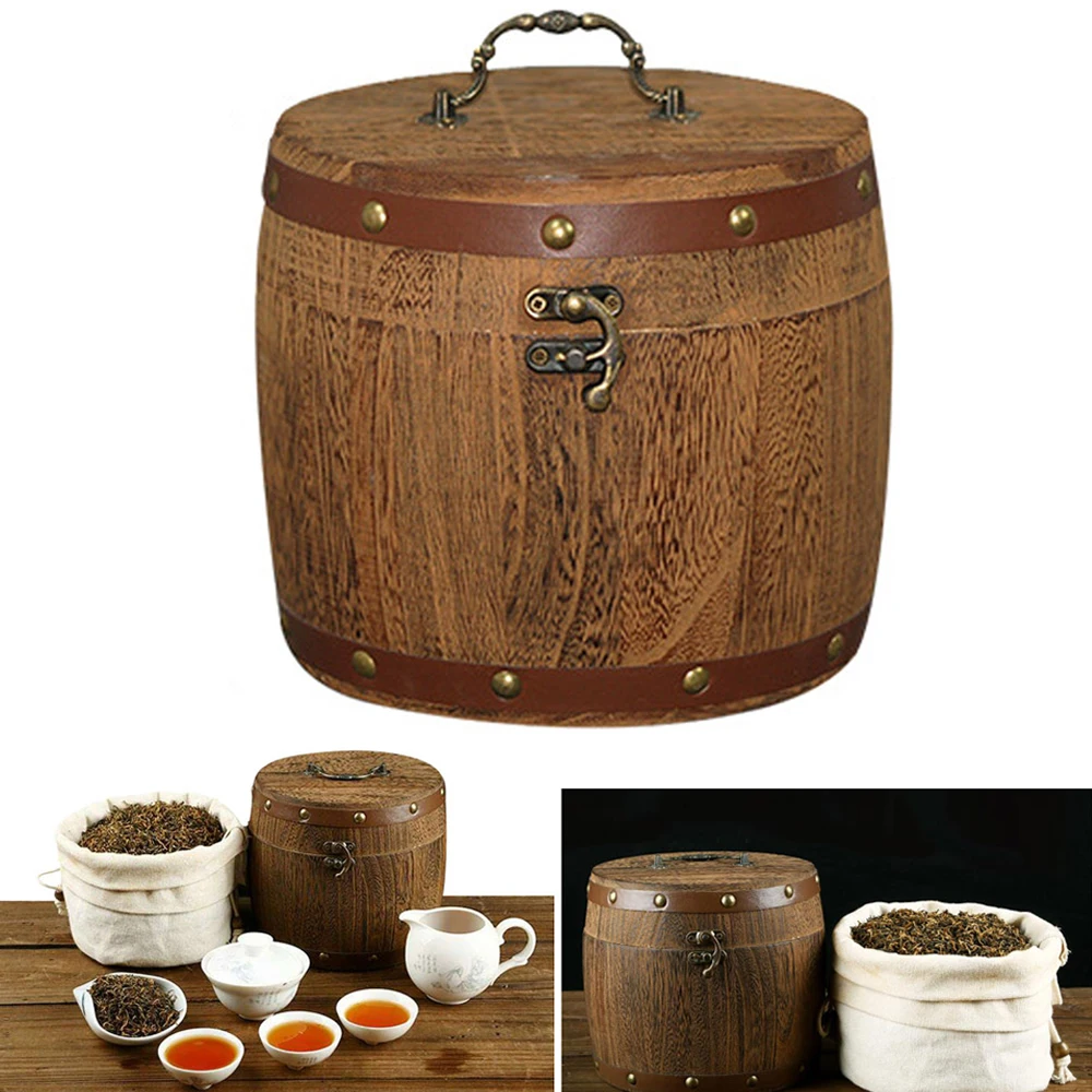 Convenient Tea Leaf-Barrel 13cm Mini Wooden Tea Leaf Storage Box Antique Wood Containers for Sugar Coffee Flour Vintage W/ Lid