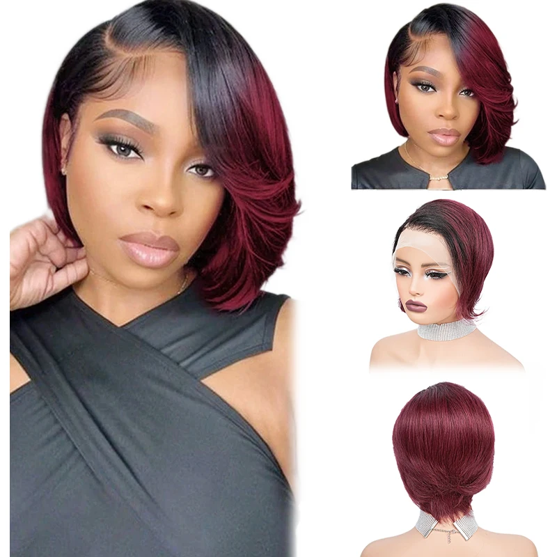 6 Inch 13X4 Kant Pruik Kwaliteit 100% Menselijk Haar Pixie Gemengde Kleur Pruiken Voor Zwarte Vrouwen Pre geplukt Braziliaanse Kant Frontale Pruik