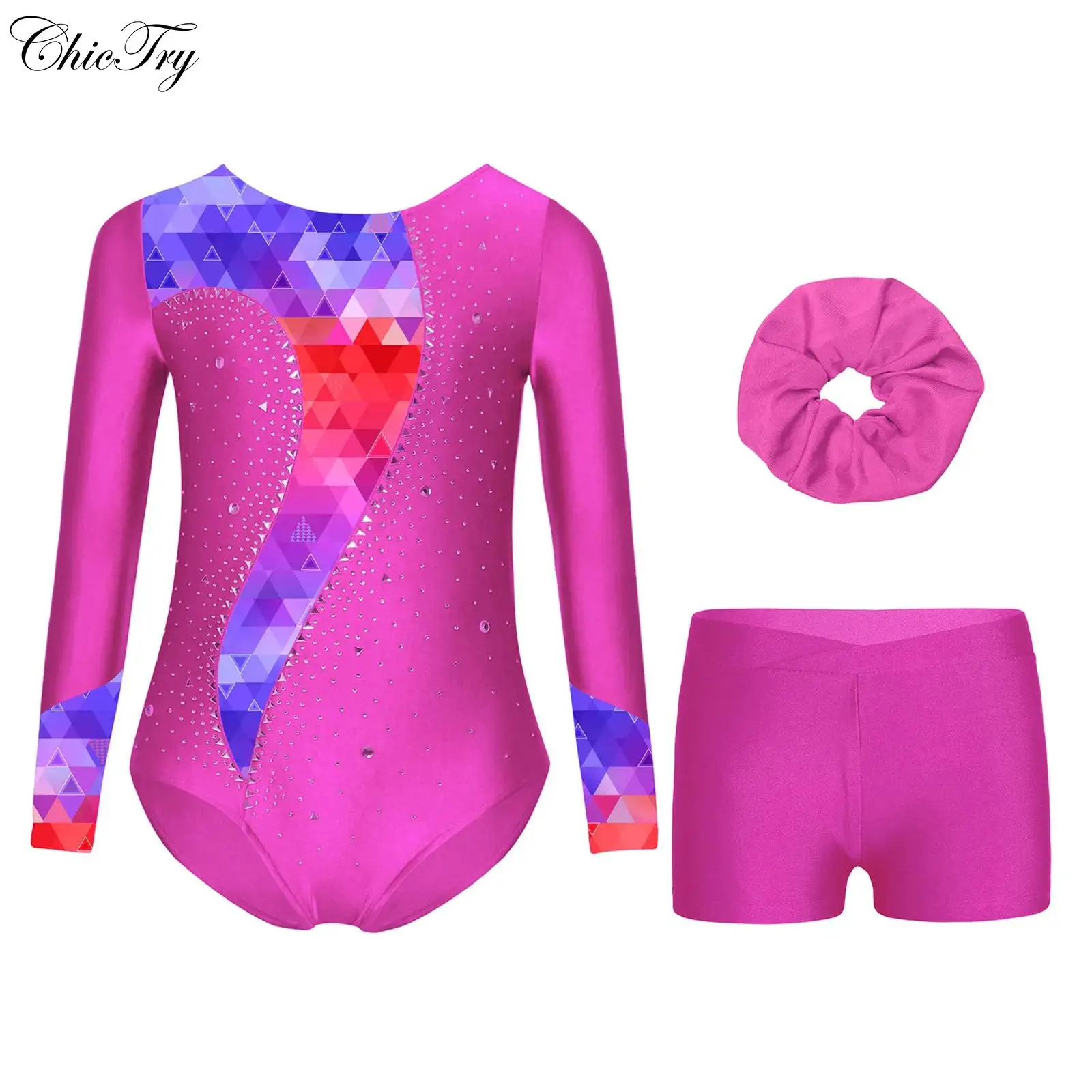 

Детские балетные комплекты для девочек, гимнастические танцевальные наряды, купальник с длинными рукавами и принтом страз, шорты и резинка для волос, повязка на голову