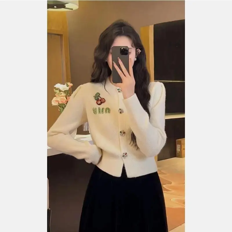 New Red Cherry Letter Embroidery Sweater Coat Spring Autumn O-neck Tops Women Y2k Long Sleeve Knitted Cardigan Korean Fashion