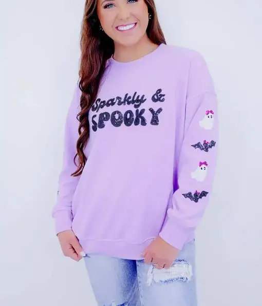 Womens Sequin Skeleton Crew Neck Long Sleeve Pullover Tops Casual Streetwear Halloween Sweatshirt