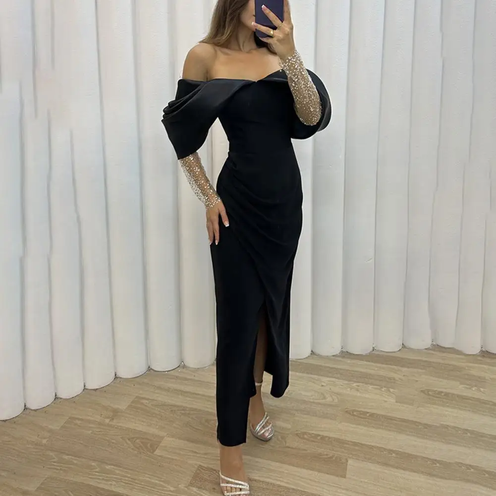 

Women Evening Dress Off Shoulder Low-cut Tight Waist Split Hem Mesh Sleeve Color Party Wedding Maxi Dress