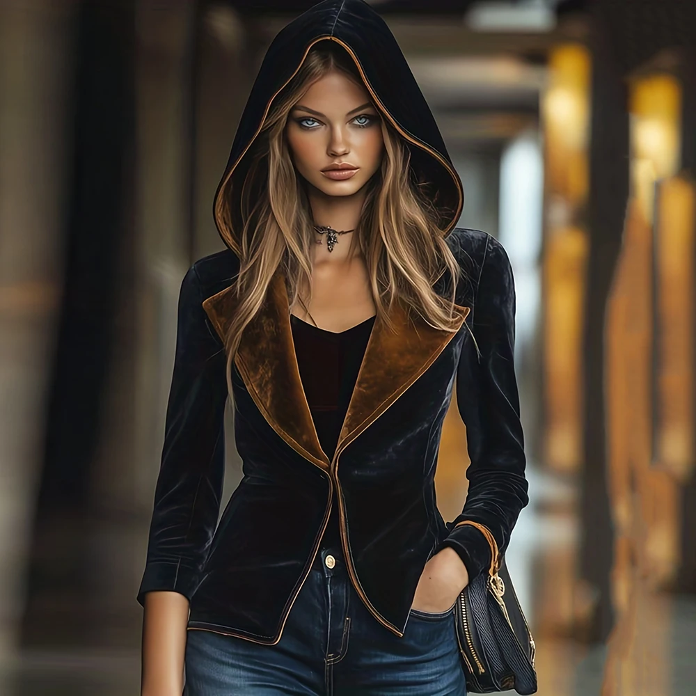 

Women's Vintage Black Hooded Jacket Velvet Pointed Collar Long Sleeve Slim Elegant Outerwear British Fashion Short Jacket Coats