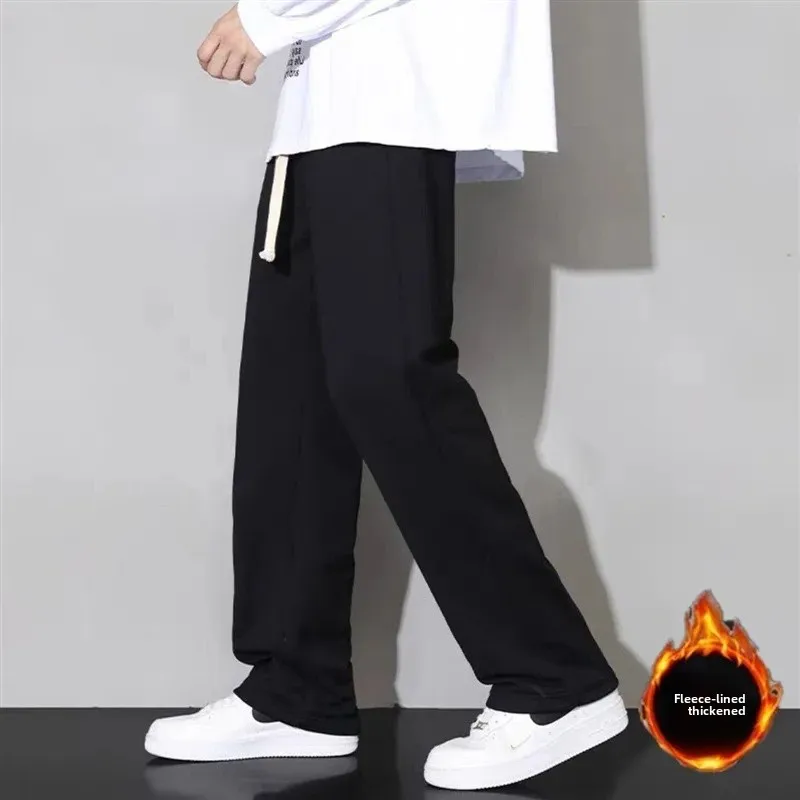 

New Autumn/Winter Solid Color Wide-Leg Casual Pants, Straight Leg, Loose Fit, Men's Sporty Fleece Lined men clothing