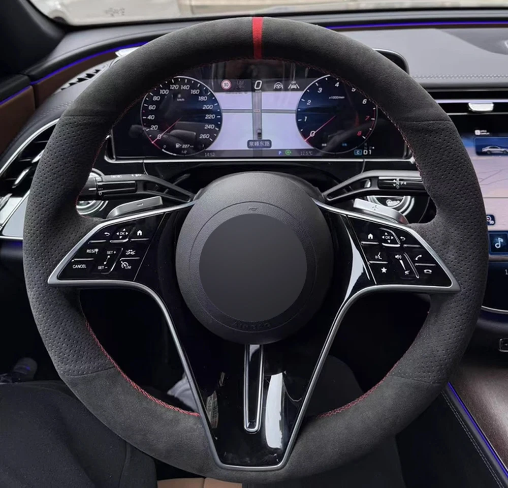 High Quality Suede Genuine Leather Red Thread Steering Wheel Cover Wrap Car Accessoires Specifically for Mercedes Benz W213 V297
