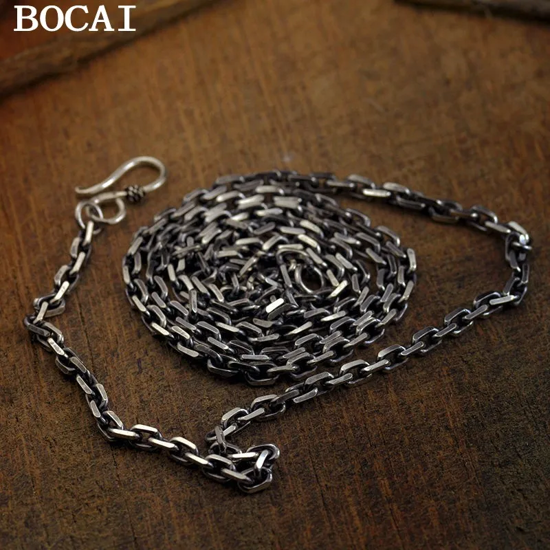 

BOCAI NEW S925 Silver Jewelry Retro Personality Fashion Cross Square Chain Men's Necklace