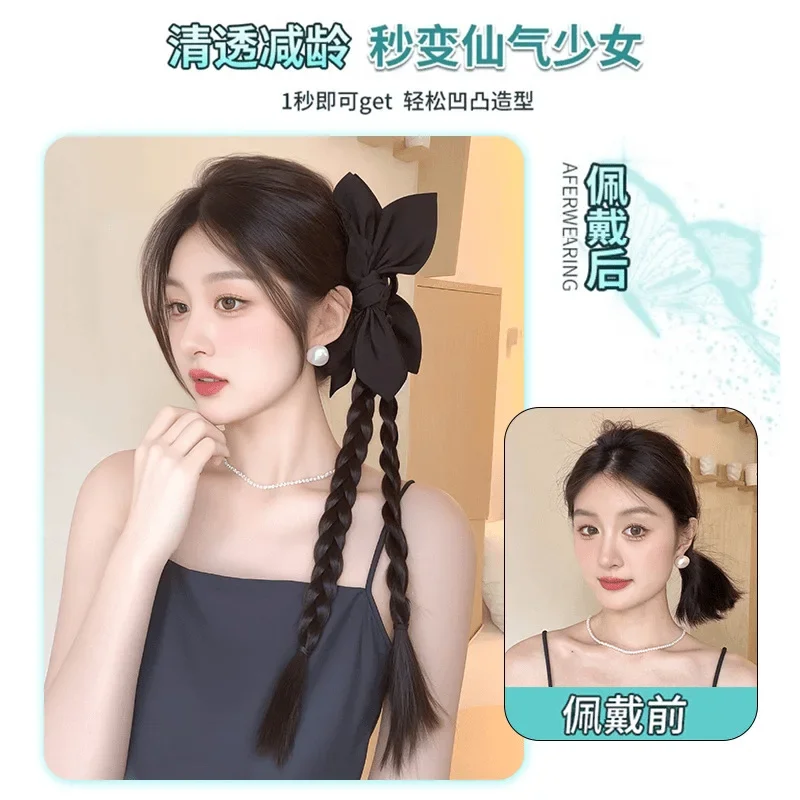 Wig Female Grab Clip Ponytail Black Bow Twist New Chinese Style Can Be Half Braided