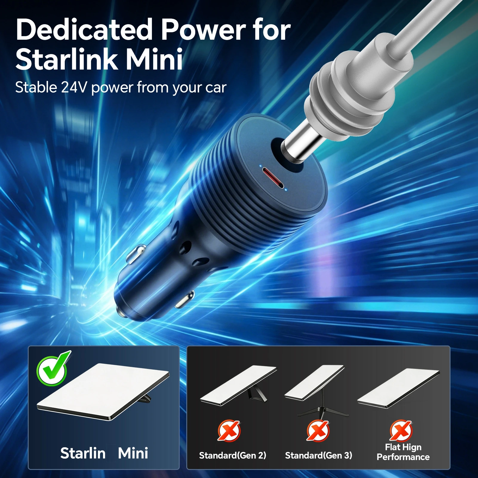 For Starlink Mini Car Adapter 2-in-1 12-24V to 30V DC Step-Up Converter 90W USB-C Charging Cigarette Lighter Adapter Accessories