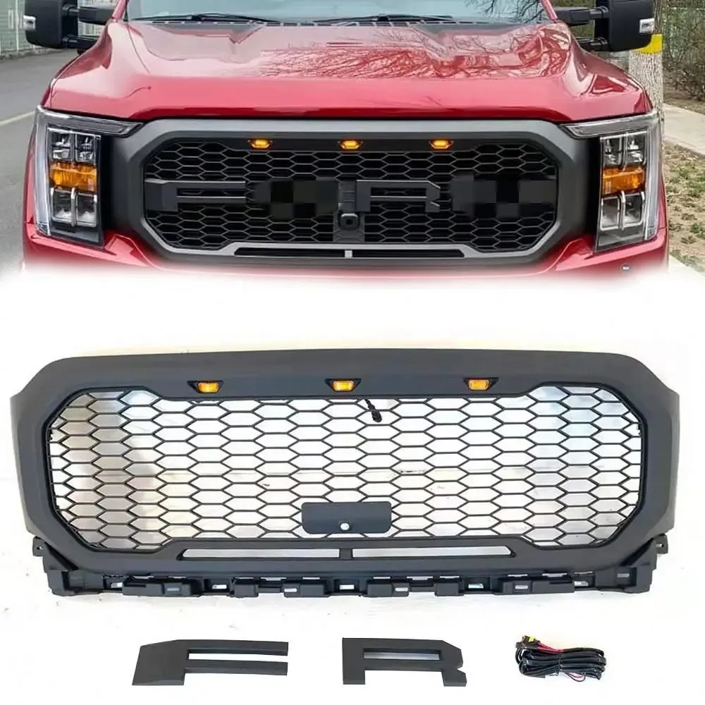 

2021 2022 F150 Pickup Truck Accessories ABS Car Grills 4x4 Off Road Bumper Front Grill With Amber Light For Ford