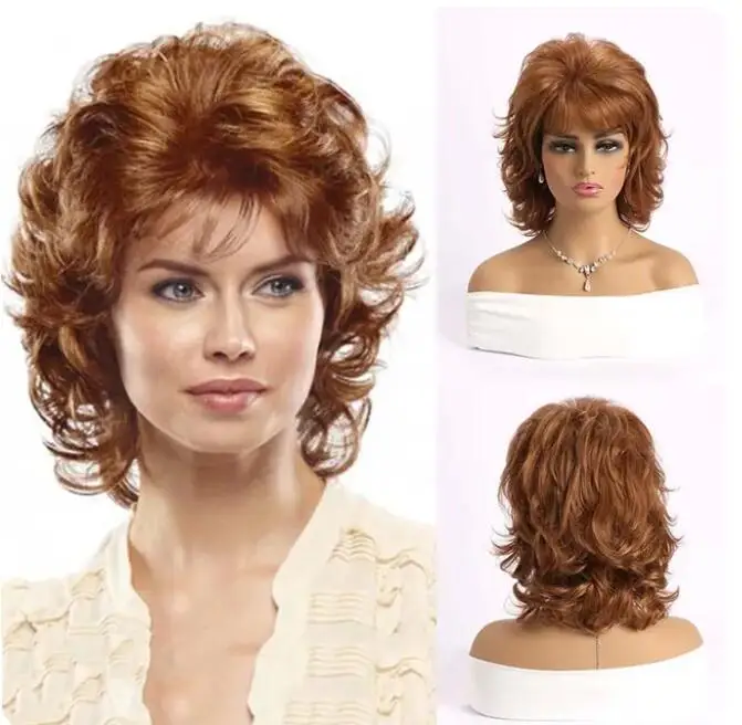 Short   Dark Brown Synthetic Wigs Natural Curly Layered Wig with Fluffy Bangs for Women Daily Heat Resistant Hair