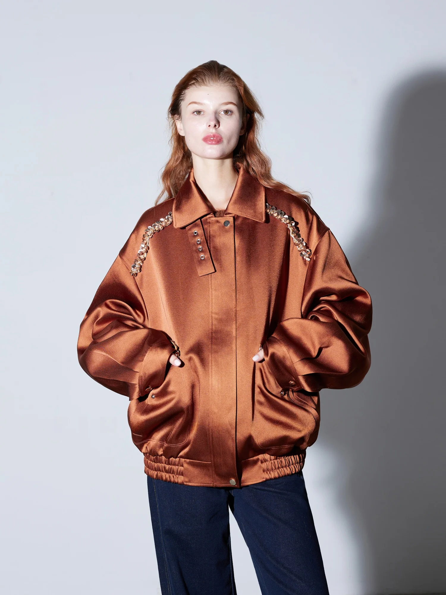 

Finocci Autumn High Quali Handmade iny Diamond ape High Densi Fluorescent Satin BF Sle Jaet Outerwear Women's Fas...