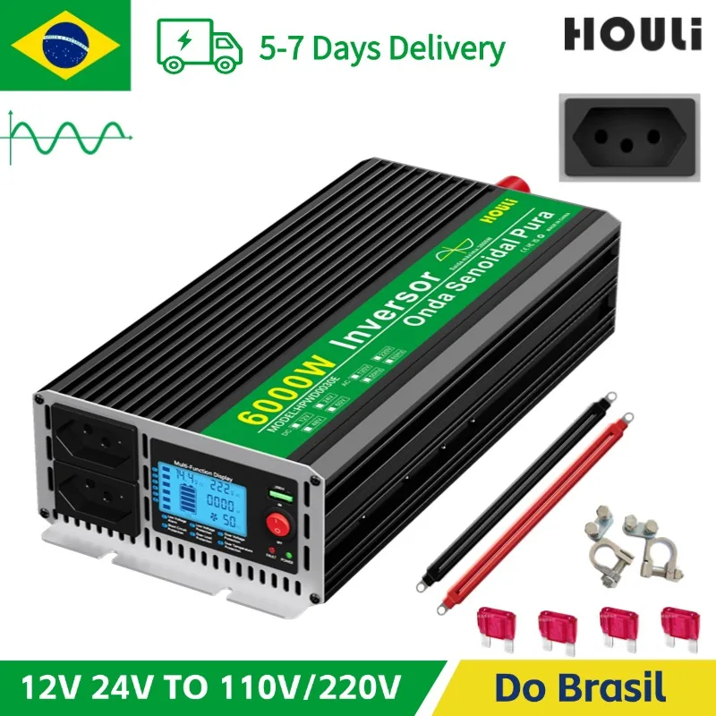 Inversor 12v para 110v/220v de onda senoidal pura 60hz 2000w ~ 4000w 24v Pra geladeira 220v inversor produtos não brasil HOULI