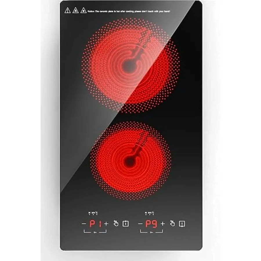 Kitchen electric induction cooktop black glass 12-inch dual burner with infrared heating 20 temp settings all cookware compatib