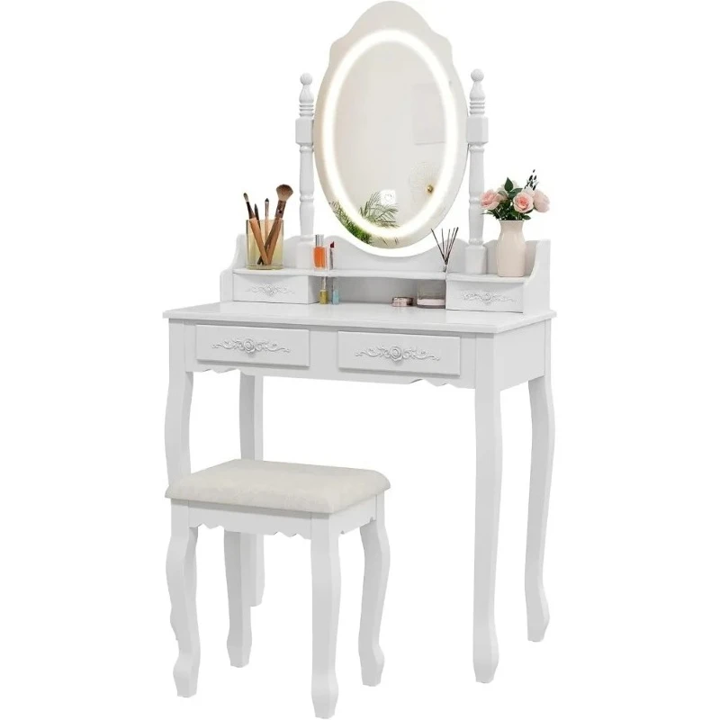 

illuminated makeup vanity desk with mirror, drawers, and cushioned stool in modern style with 3 lighting options