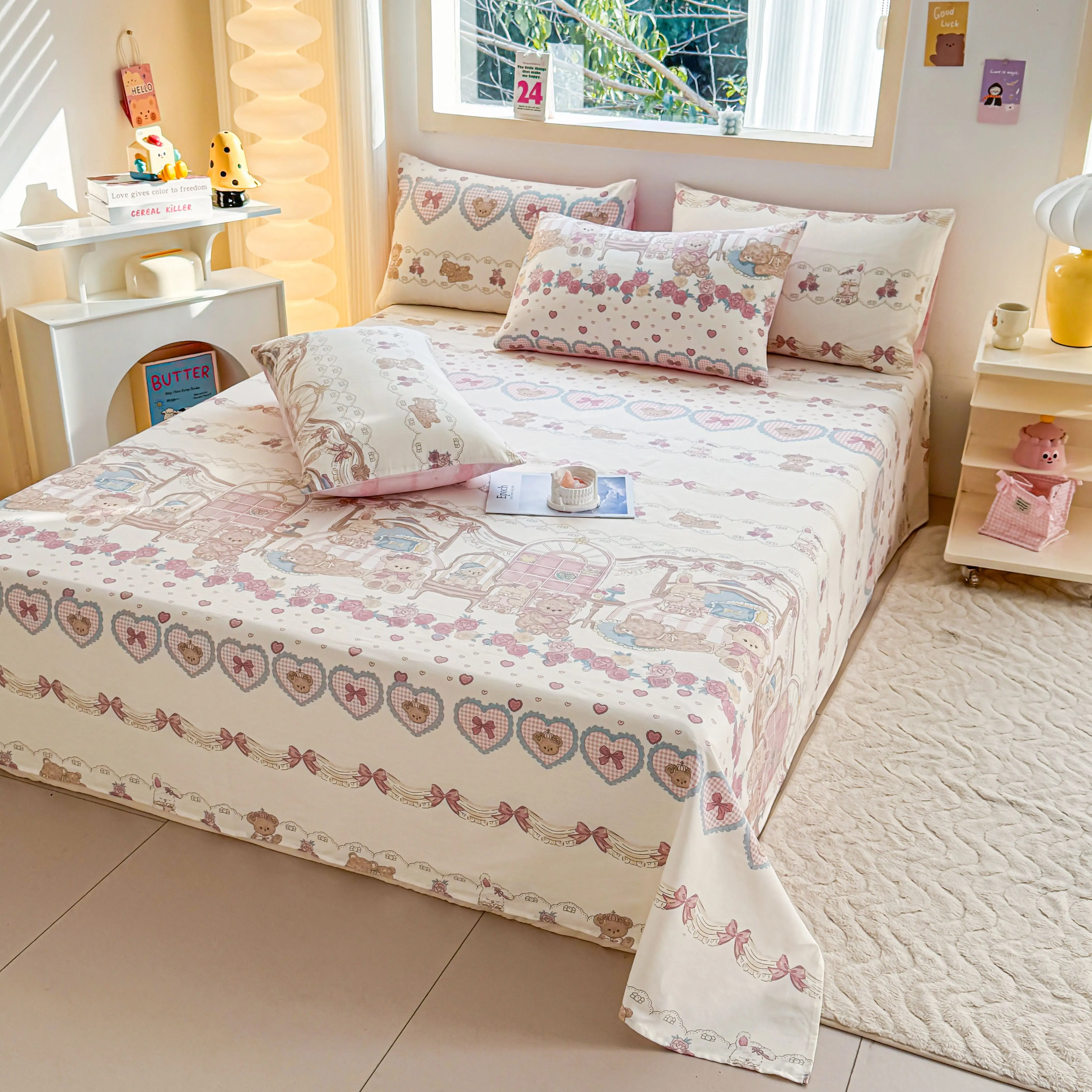 100%Cotton Cute Cartoon Printed Flat Bed Sheet for Double/Queen/King Size Bed Cover Skin-friendly Top Sheets sabana para cama