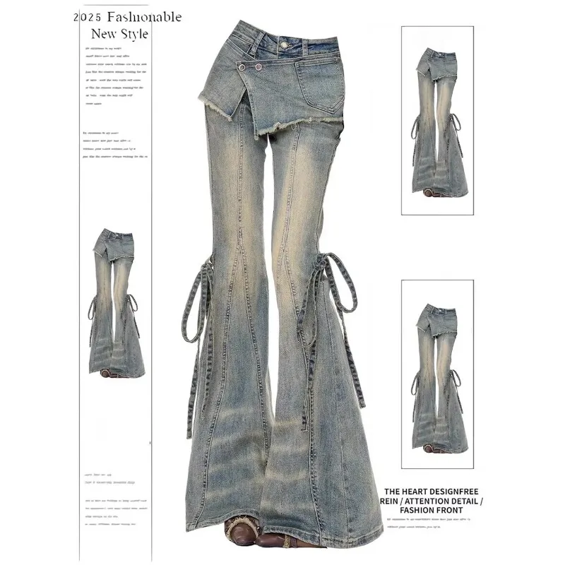 American Retro Distressed Washed Jeans Women's Autumn New Lace-up Horseshoe Boots