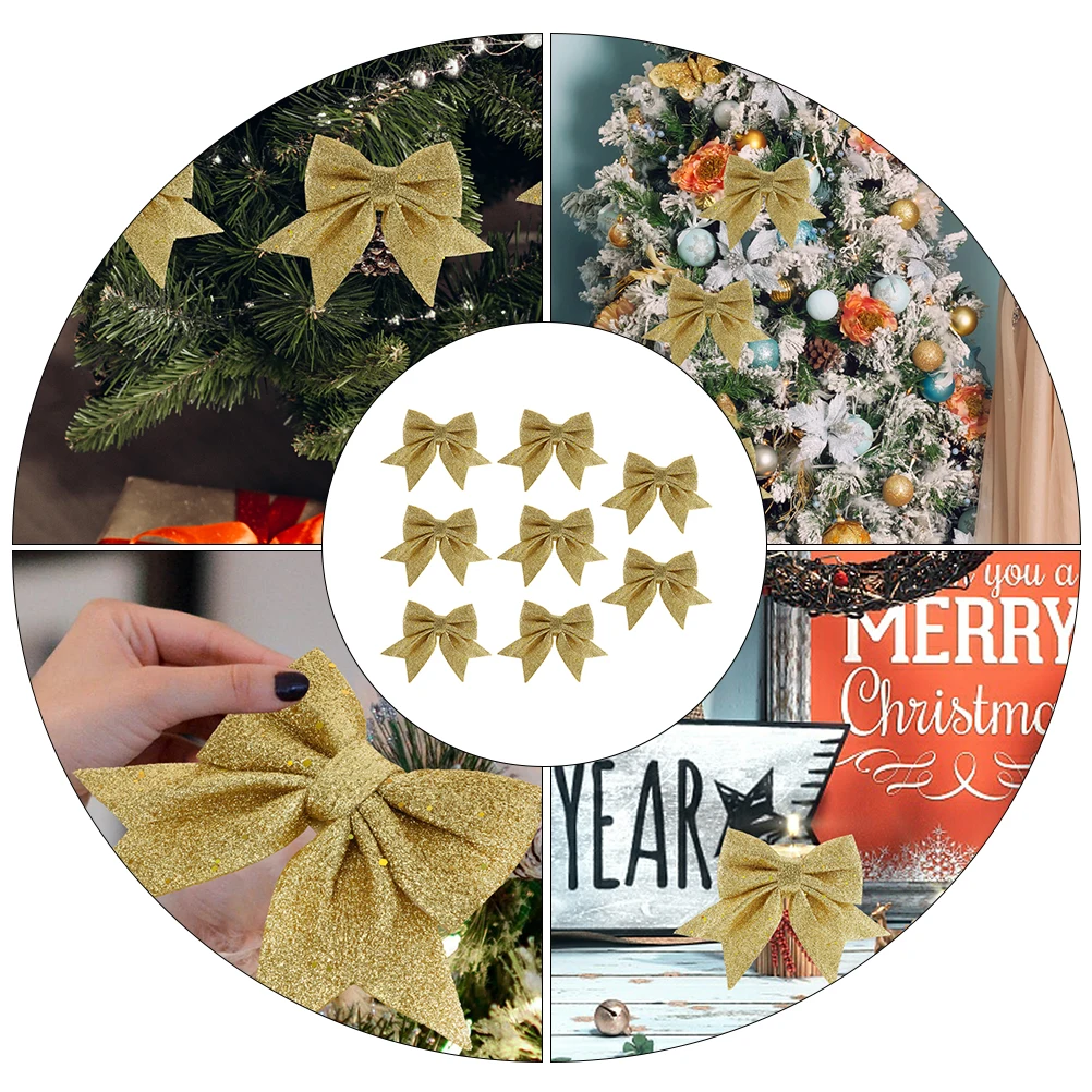 

8Pcs Christmas Ornaments Glitter Bow Decorations Gold Dust Xmas Tree Hanging DIY Party Supplies Christmas Tree Bow