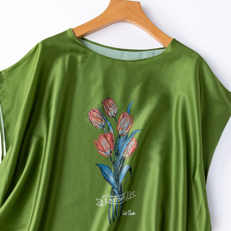 BirdTree-93%Silk 7%Spandex Elegant T-Shirt, Batwing Sleeve Floral Print, Women Fashion Cool Loose Tops, 2026 Summer New T67357CC