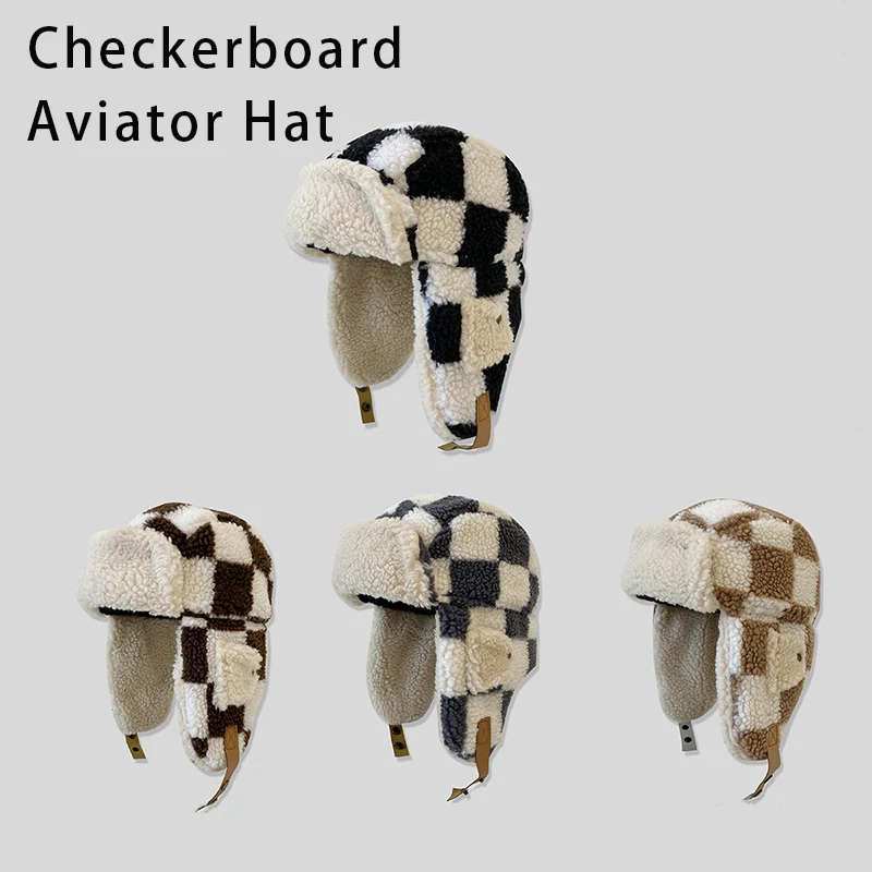 

Зимняя женская шапка-ушанка с подкладкой из шерпы, ретро-шапка-авиатор в клетку для мужчин, теплая шапка для холодной погоды с защитой ушей