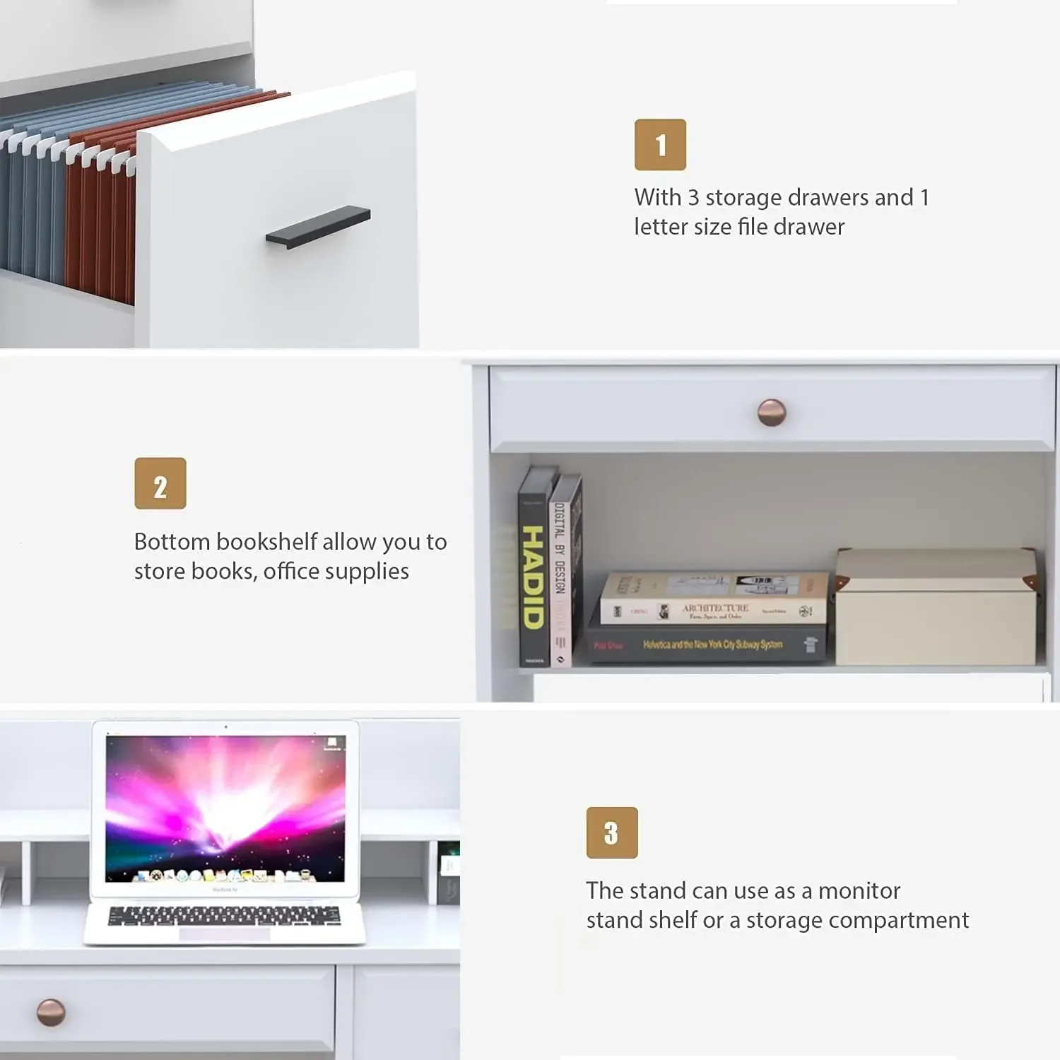 Mesa branca com gavetas e armazenamento, mesa de escritório doméstico Mesa de computador com 4 gavetas e gaiola, mesa de casa, escritório doméstico, branca