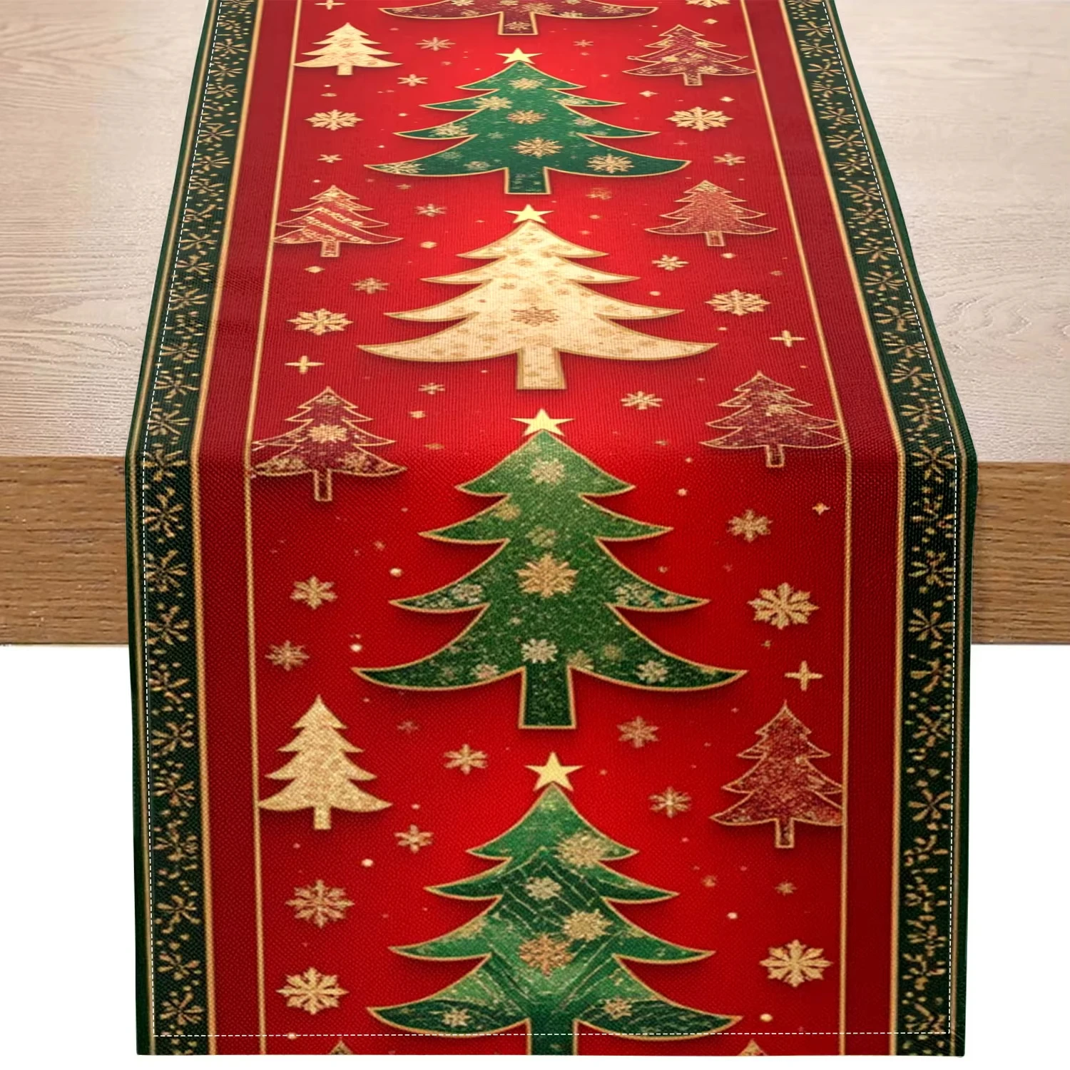 Weihnachts-Tischläufer – goldene Weihnachtsbaum- und Schneeflockenmuster |   Feiertagsfeier- und Heimdekoration