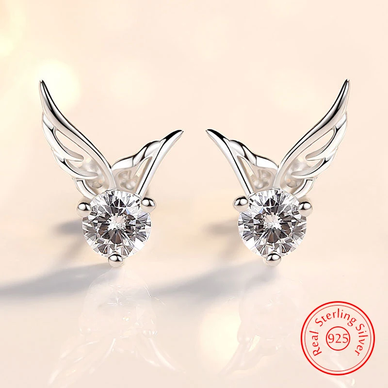 Solid 925 Sterling Silver New High Quality Jewelry Crystal Angel Wings Stud Earrings For Women XY0223