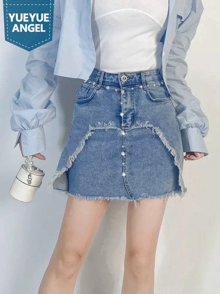 

Hot Sexy Women Summer Slim Fit Mini Denim Wrap Skirt Pearls Beading Spliced Tassels Short Skirts Ladies Casual High Waist Skirt