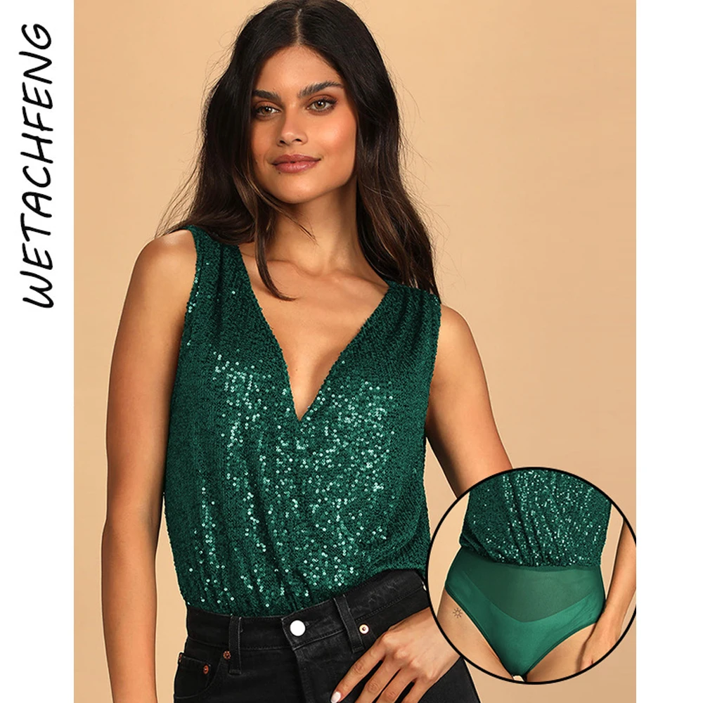 

Summer Green Sexy V Neck Sequins Women Bodysuits Female Mesh Shorts Outfits Sexy Club Slim Elegant Chic Playsuits Femme Clothes