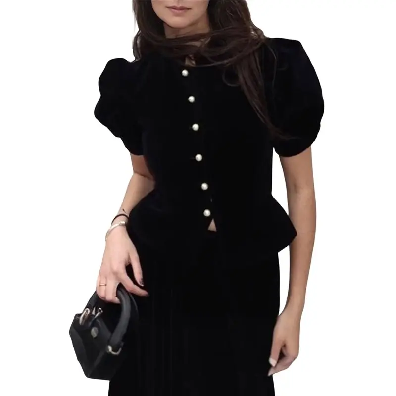 

ABRT-Womens Puff Short Sleeve Cardigan Summer Button Down Shirts Knit Crew Neck Sweater Tops Black M