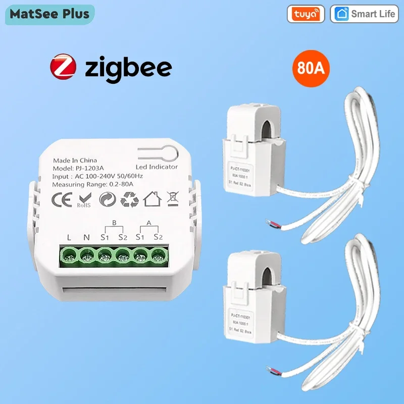 Tuya Smart Bidirectiona ZigBee Energy Meter 80A CT for Solar App Monitor Export Import Power Electricity Statistics AC100V-240V