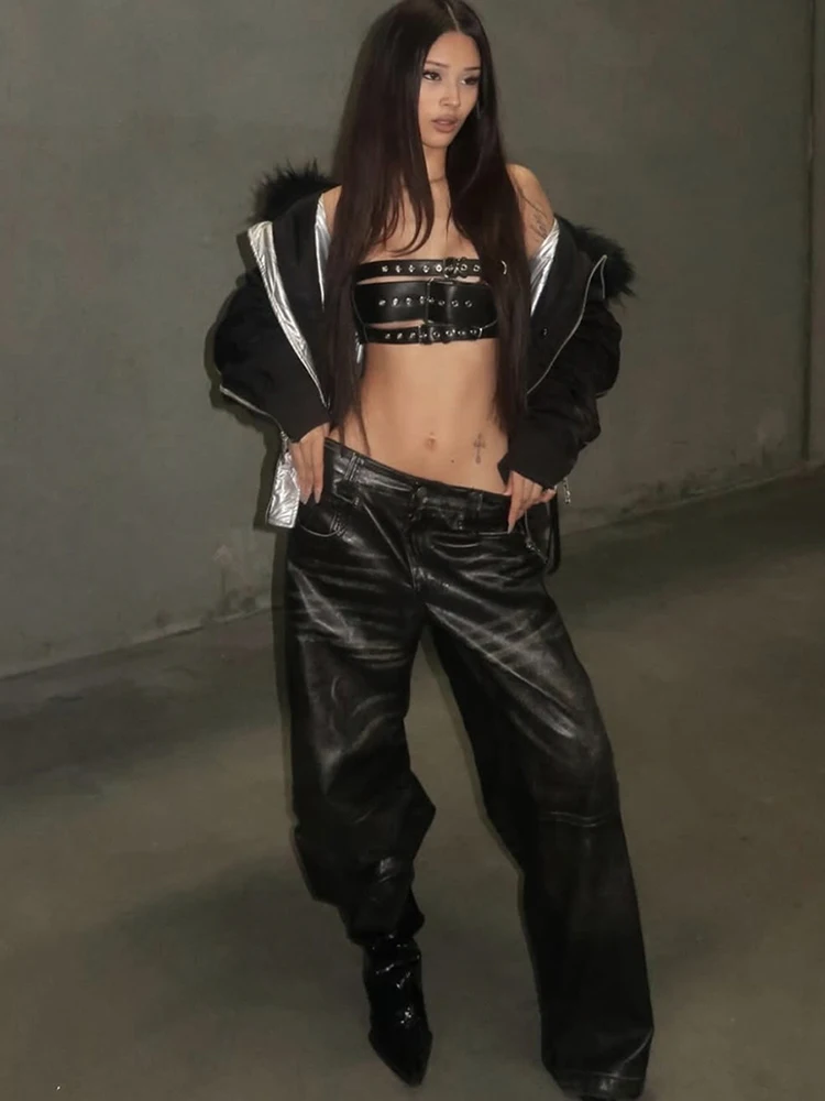 سترة علوية مجوفة من جلد البولي يوريثان من Sisterlinda سترة نسائية مثيرة بإبزيم معدني بدون أكمام من Coquette منتصف الليل للحفلات والنوادي Hottie Punk Style Vest #1