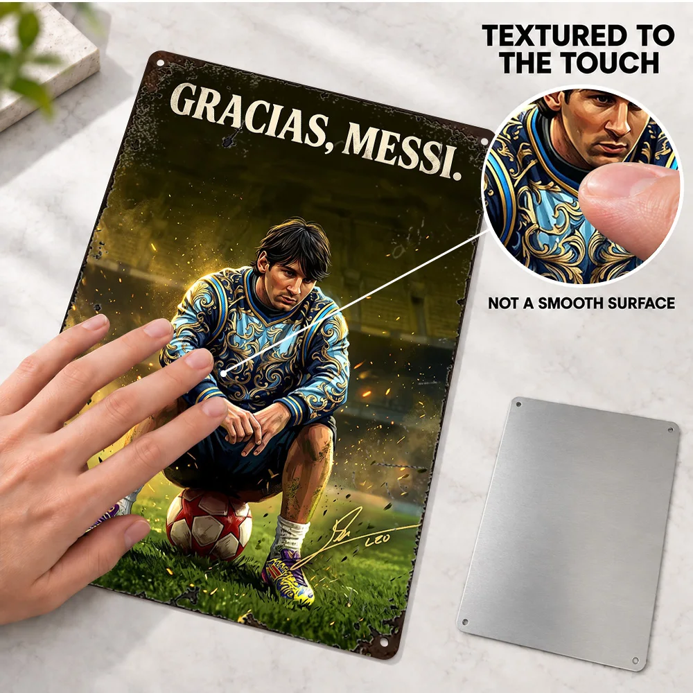 Lionel Messi Seated Tribute Football Printed Poster Customized Metal Sign Digital Illustration Wall Art For Sports Room Fan Gift