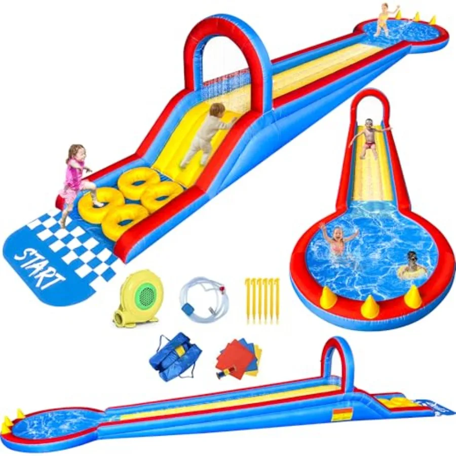 

31FT Long Inflatable Water Slide for Outdoor Backyard Use with Obstacle Courses Climbing Ramp Splash Pool Overhead Sprinkle Blu
