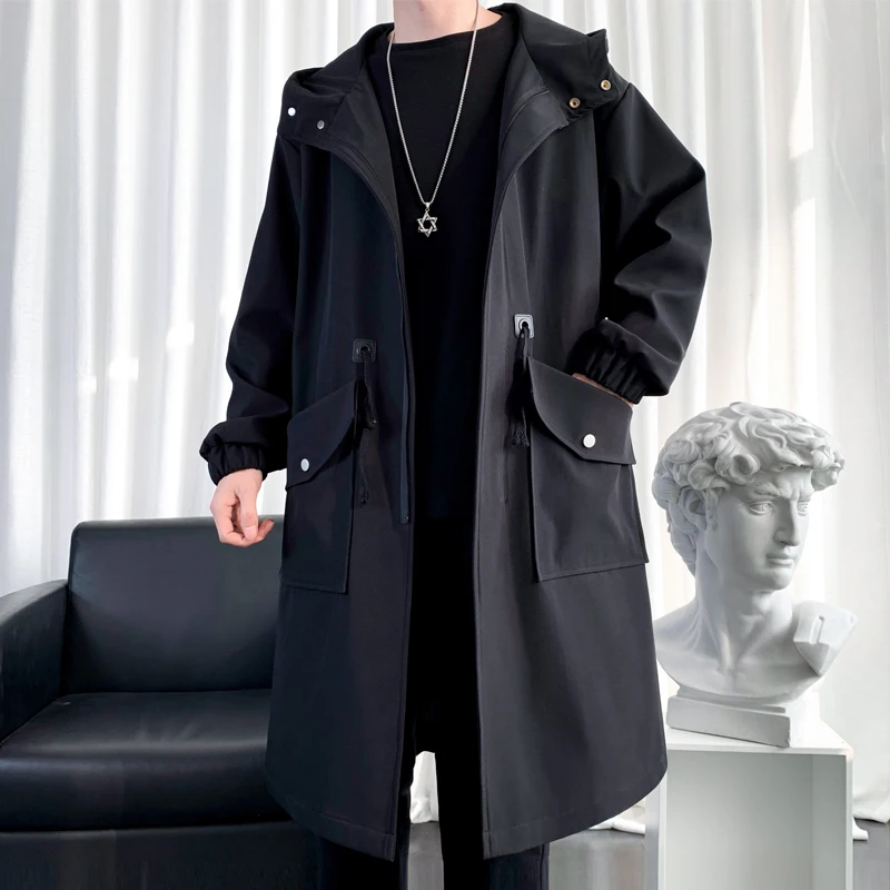 Spring Autumn Men's Jacket Long Trench Coat Oversized Solid Color Men's Mantle Big Pocket Fashion Hoodie Men's Clothing