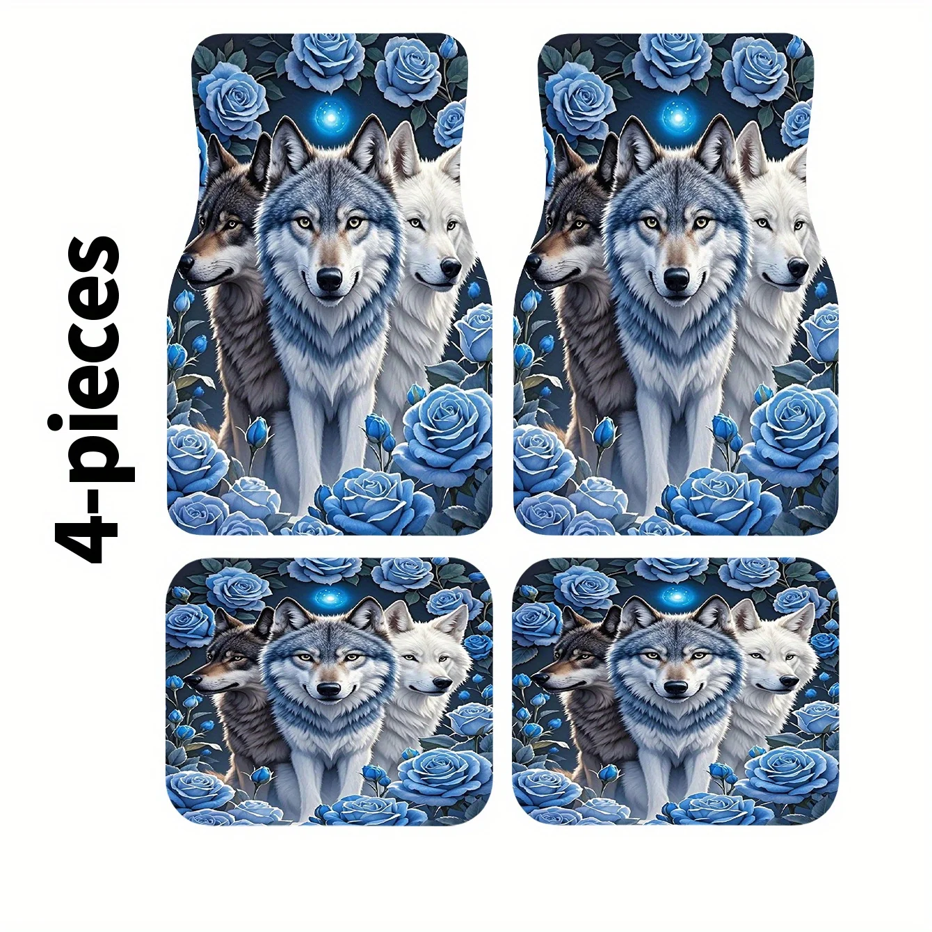 4pcs Three Wolves Print Trendy Car Floor Mat Set, Automotive Interior Accessory Mats, Easy To Clean, Suitable For Cars, Trucks,