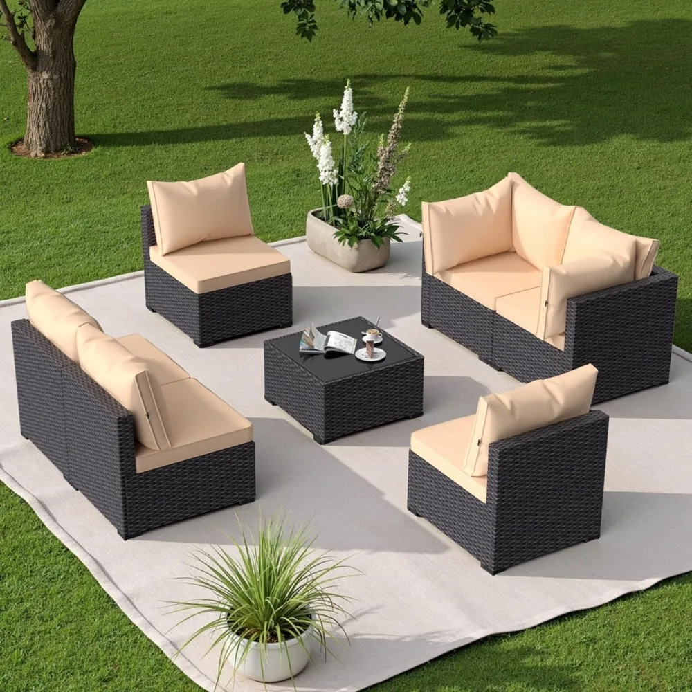 

7 Pcs PE Rattan Wicker Outdoor Sofa Set All-Weather Coffee Table & Waterproof Cushions for Garden Poolside,Patio Furniture Set