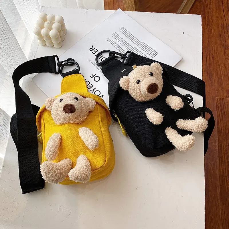 2023 New Children\'s Plush Bag Cute Plush Bear Chest Bag Crossbody Bag Korean Boys Girls Mini Canvas Bag