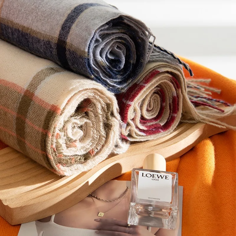 Новый зимний клетчатый шарф с принтом, шарф из искусственной шерсти с бахромой, модный милый шарф на плечо, толстый теплый шарф средней длины