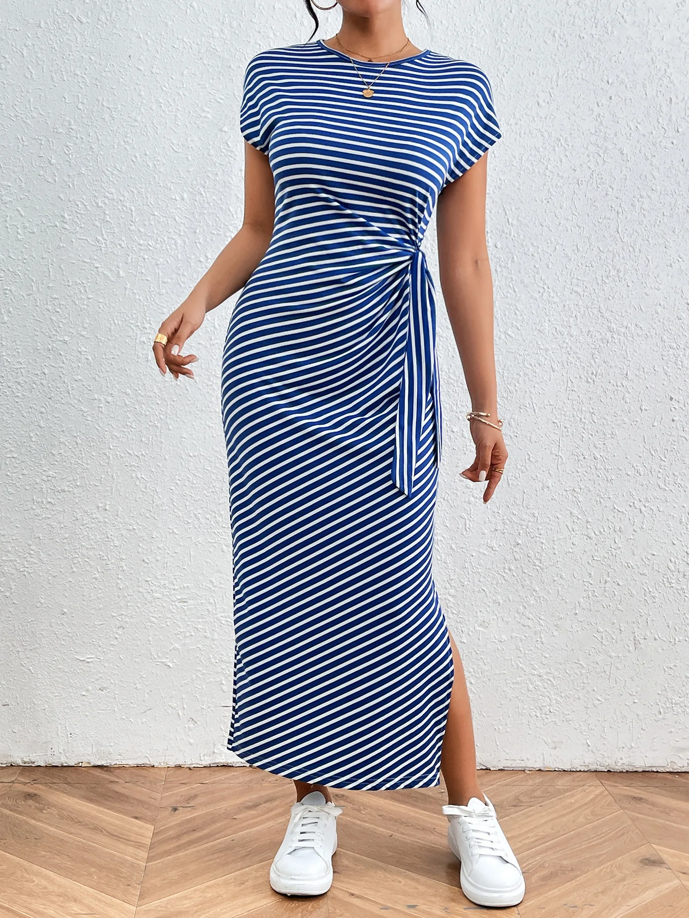 Summer 2026 Women Striped Long Dress Multi Colors O-neck Slim Waist Lace-up Side Slit Casual Knitted Dresses Short Sleeve 63944