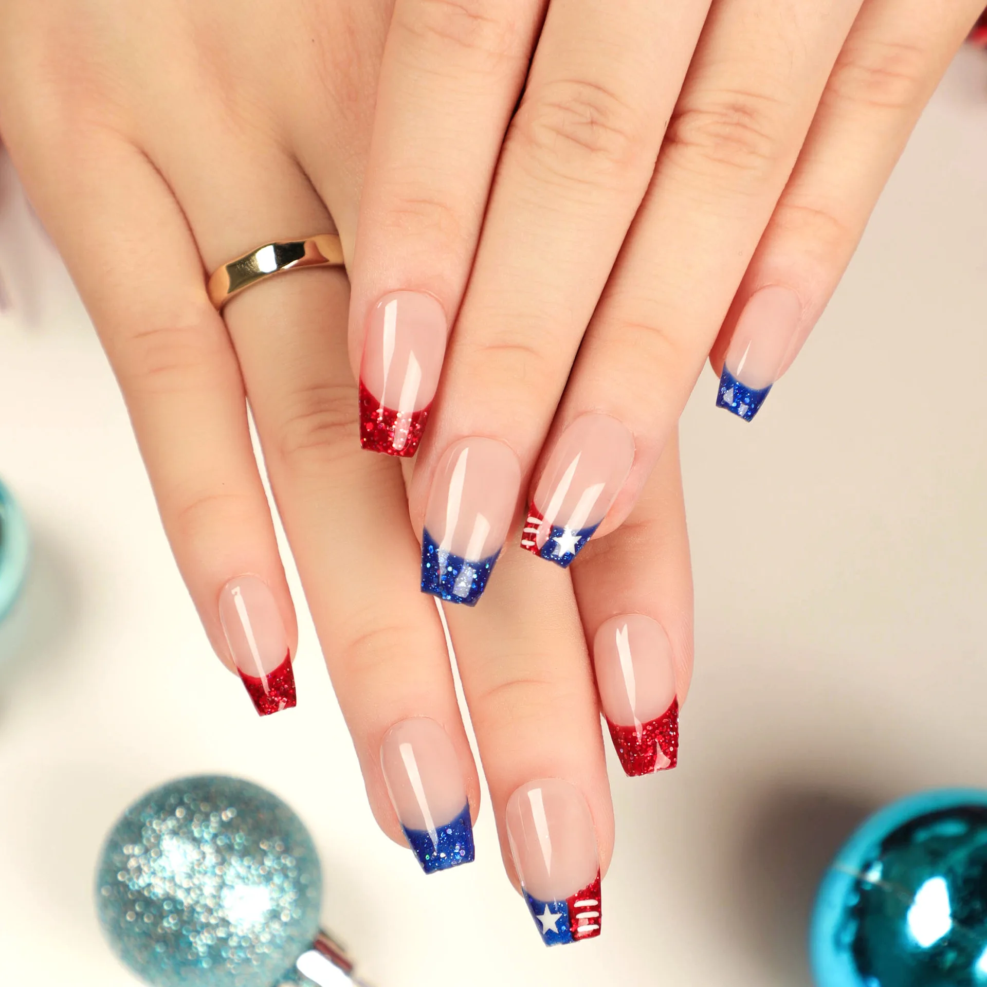 24Pcs Square Shaped Fake Nails With Shiny Independence Day, French Pointed Fake Nails With Blue And Red Shimmer Design, American