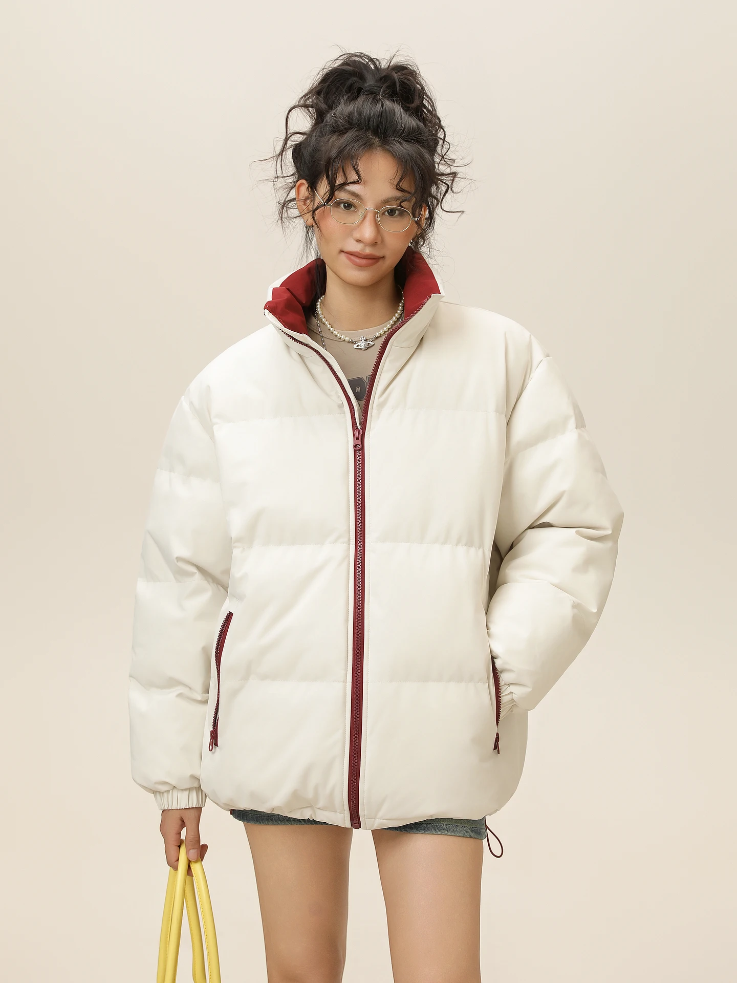 

Thiened Cotton Jaet Stand Collar ex Casual Warm Winter Coat American Sle Contrast Color Men's Women's Loose Couple