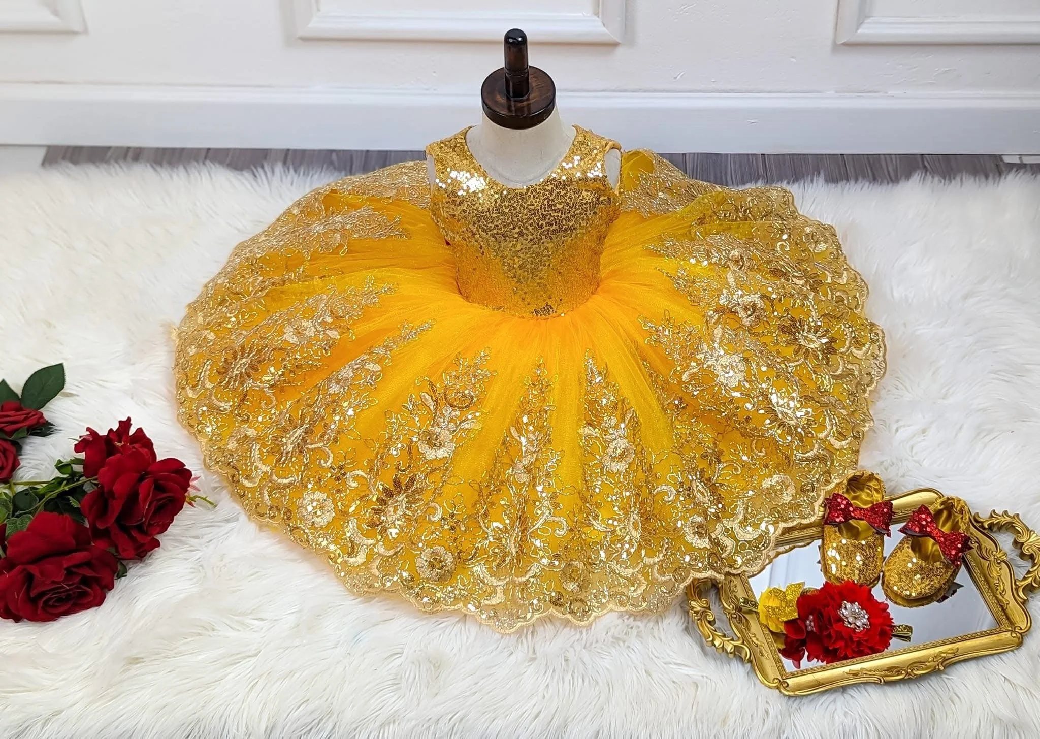 골드 스팽글 소녀 생일 파티 드레스 결혼식 공주 여왕을위한 맞춤형 레이스 꽃의 소녀 드레스 작은 아기 공 가운