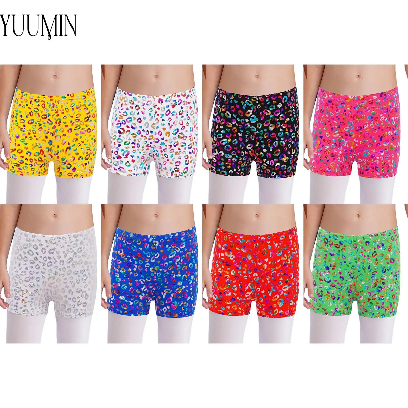 

New Kids Girls Boys Metallic Leopard Print Shorts Unisex Children Elastic Waistband Boxer Shorts Disco Party Performance Costume