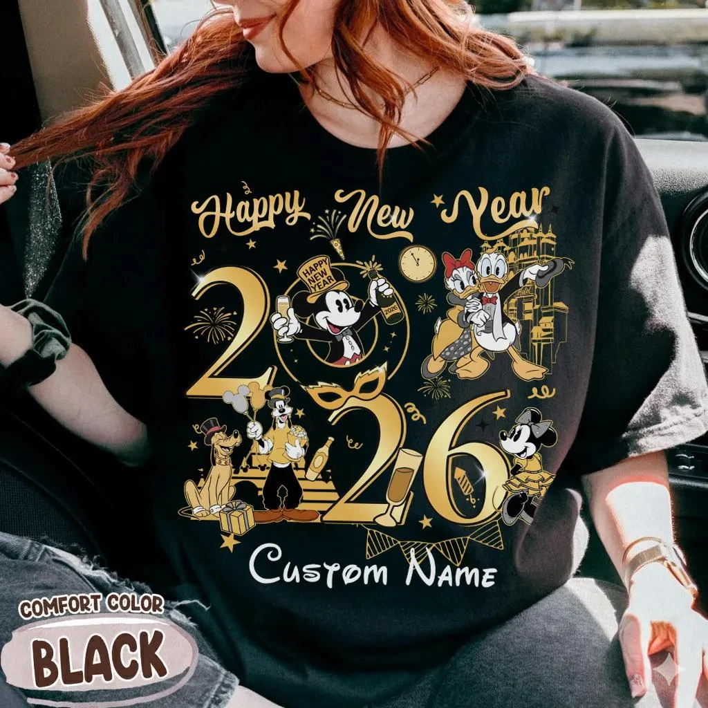 

Disney Mickey and Friends 2026 Happy New Year Printed T-Shirt Couple Unisex Women's Cotton T-Shirt Top Travel Birthday Gift Top