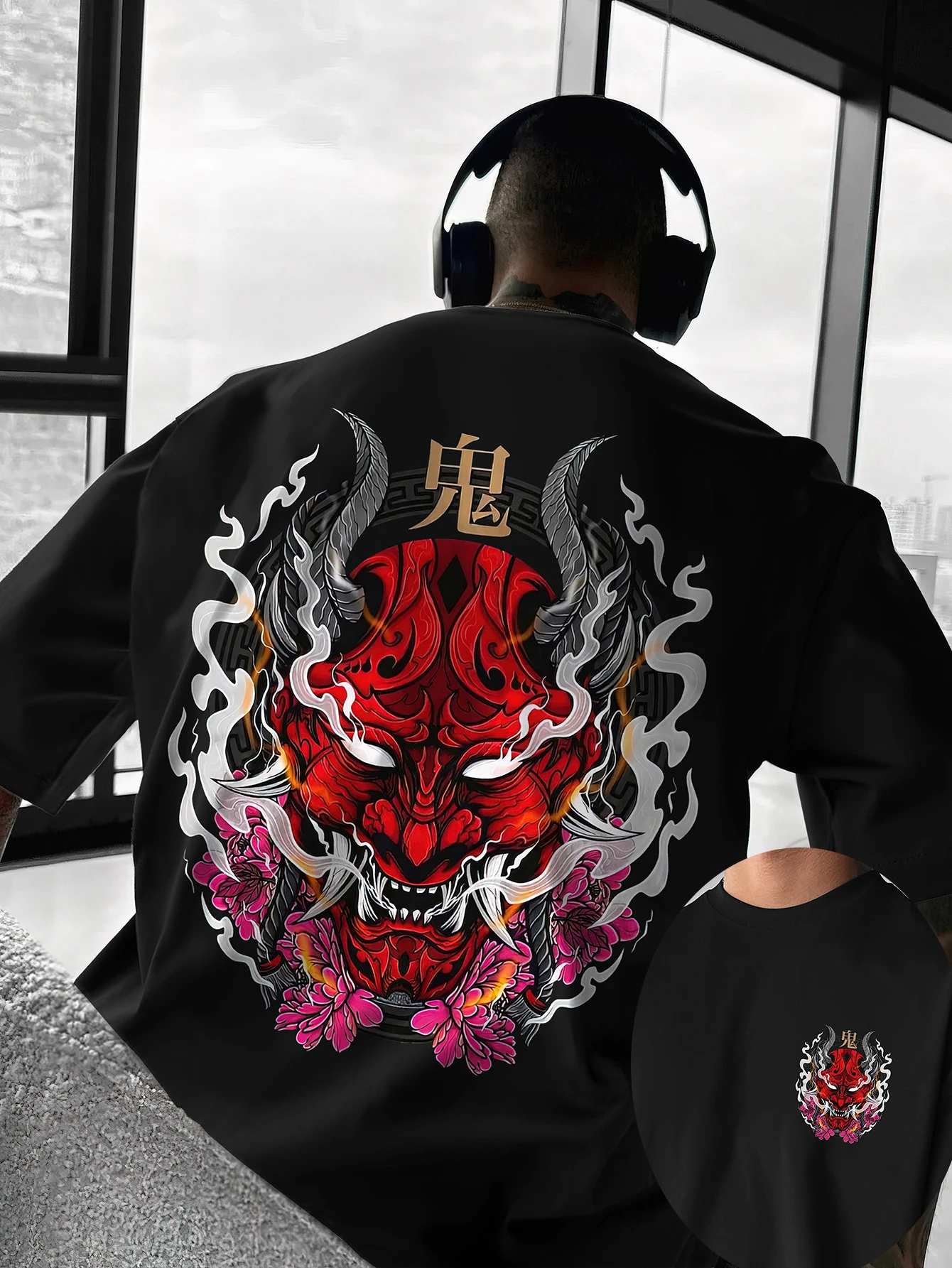 Camiseta Vintage Oni Demon & Cherry Blossom estilo Manga de Anime para mujer, ropa de calle de algodón, camisetas de gran tamaño, Top holgado de manga corta