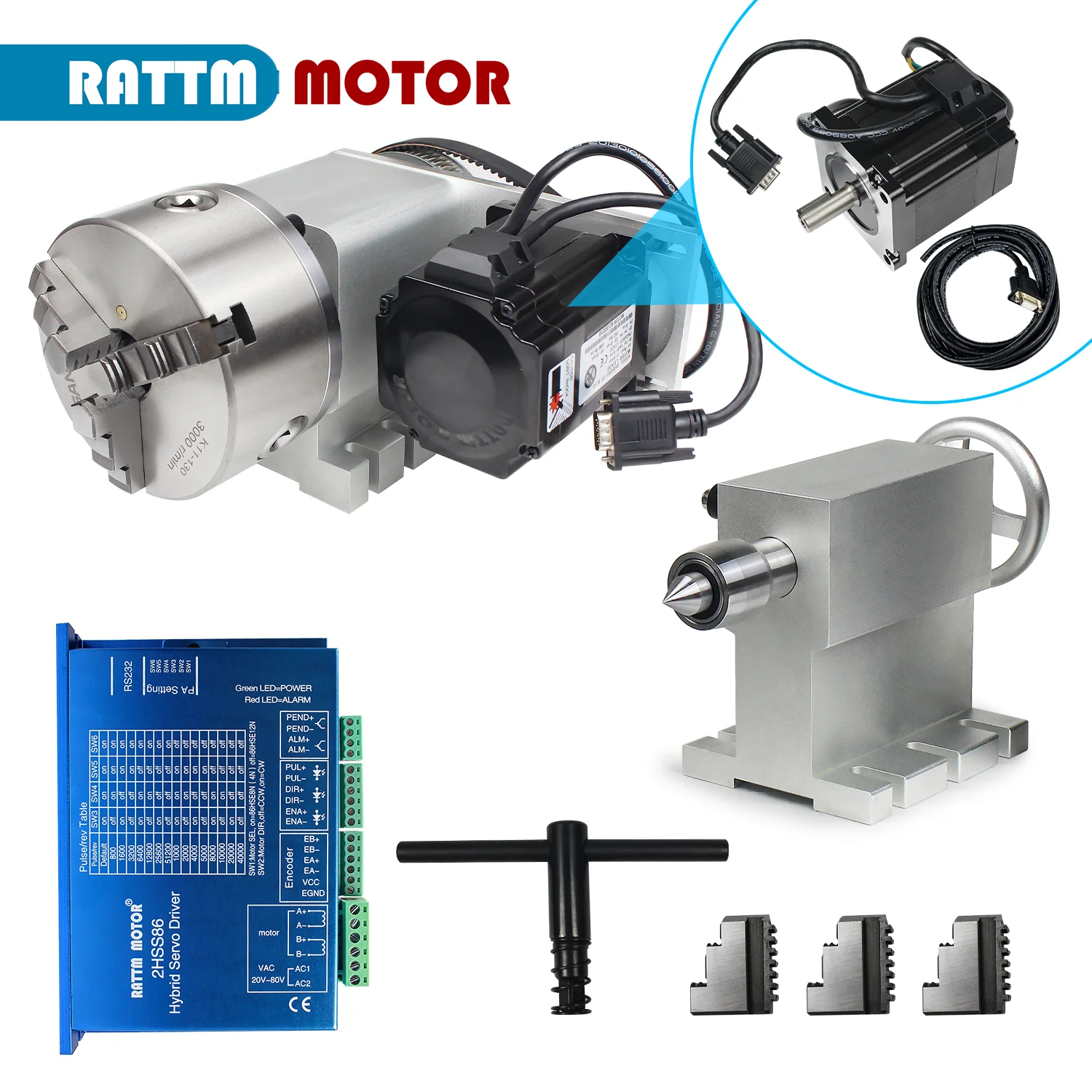 

Large 30mm hole CNC Fouth 4th A Rotation Axis Kit 3 Jaw K11 130mm Chuck Nema 34 Closer Loop Servo Motor With 100mm Tailstock