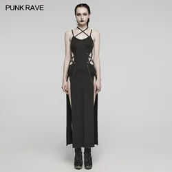 PUNK RAVE Women's Punk Sexy High Slit Dress Adjustable Drawstring Hollowed Waist Fashion Party Club Women Dresses Summer