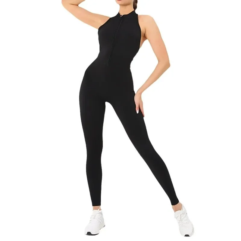 Quick-drying zipper back one-piece yoga suit high-intensity fitness training sports tights hip-lifting jumpsuit