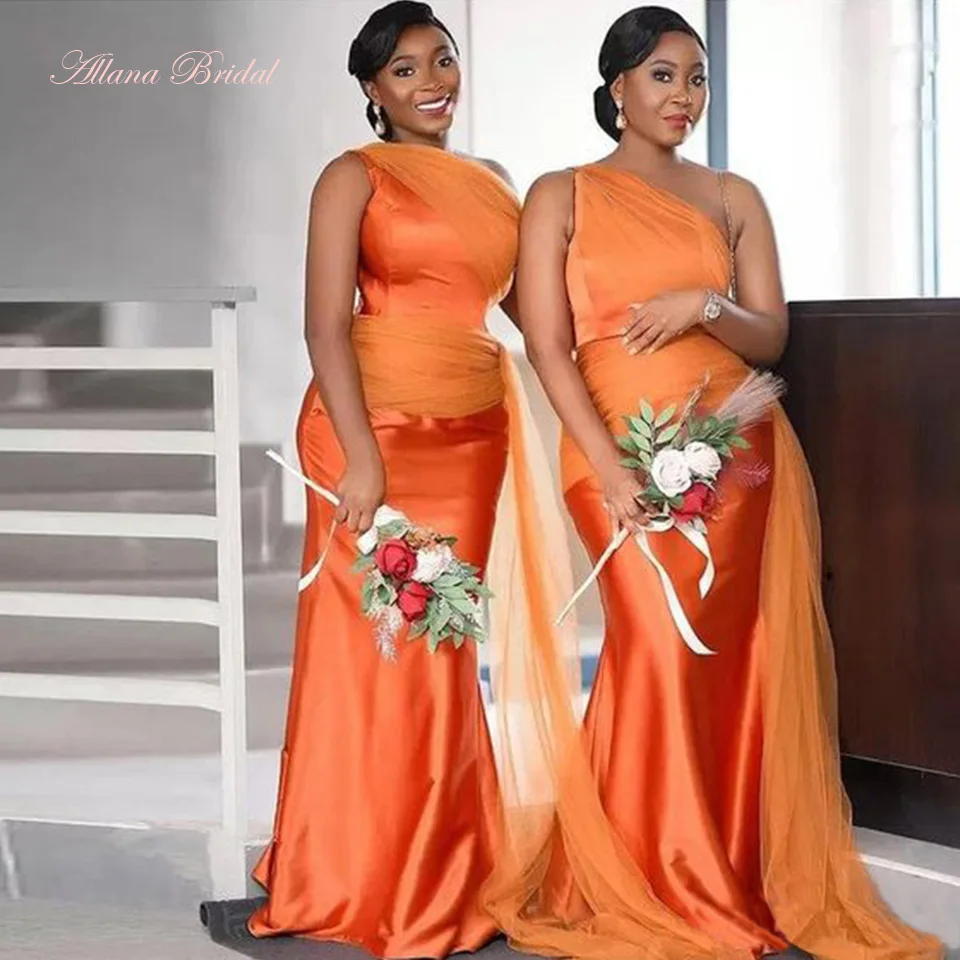 

Burnt Orange Bridesmaid Dresses 2024 One Shoulder Wedding Party Dress with Tulle Overskirt for Women Vestidos De Gala Mujer